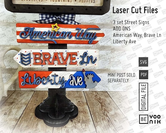 Add on American Way, Brave Ln, Liberty Ave 3 Street Mini Signs in SVG and PDF for our TALL Mini post frame, Interchangeable 5.5" x 1.2"
