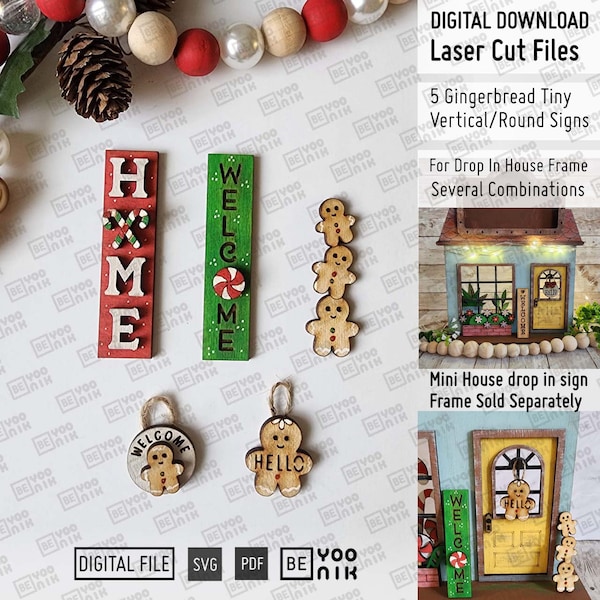 Digital Add ONS Interchangeable 5 Christmas Gingerbread Tiny Vertical and Round Signs laser cut files in SVG and PDF. Gingerbread Laser Svg.