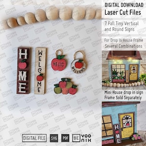 Puede incluir: Descarga digital de siete letreros de corte láser con temática otoñal. Los letreros presentan manzanas, las palabras "Home", "Welcome" y "Hello", y un letrero redondo que dice "Welcome". Los letreros están diseñados para ser utilizados en un marco de letrero de inserción para una mini casa.