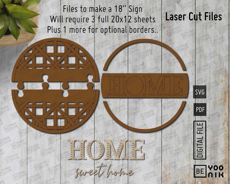 May include: Laser cut files for a 18 inch "Home" sign. The design features a circle with the word "Home" inside and a separate design with a grid pattern. The files are available in SVG and PDF formats.