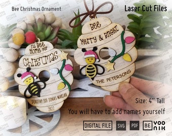 Hive Bee Weihnachtsfamilie Ornament Laser Cut fertige Dateien in SVG, PDF. Bee Merry & Bright Ornament Tag, I'll Bee home for christmas SVG-Schnitt