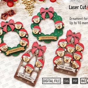 Finestra natalizia e ghirlanda per la famiglia, per un massimo di 10 membri, file tagliati al laser in SVG, PDF Glowforge Ornaments SVG, ornamento familiare personalizzato