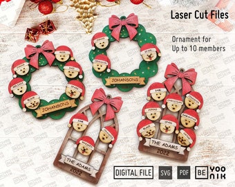 Christmas Window and Wreath Family Ornament for up to 10 members laser cut files in SVG, PDF Glowforge Ornaments SVG, custom family ornament