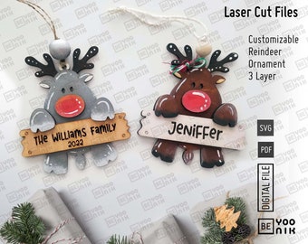 Reindeer Customizable Ornament laser cut files in SVG, PDF. Glowforge Christmas Animal Ornament, Reindeer with sign family ornament laser