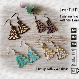 Christmas Tree with Star Earrings 1&quot; wide  1.3&quot; Tall Laser cut files in SVG and PDF, Digital Christmas Tree Pattern with 4 Variations