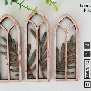 Wall decor laser files - 3 Cathedral Windows wall art for laser cutting in SVG and PDF. Arched window flower wall art digital download