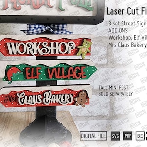 Voeg toe aan Workshop, Elf Village, Mrs Claus Bakery 3 straatnaamborden in SVG en pdf voor onze TALL Minipost verwisselbare kerst 5,5 x 1,2 inch