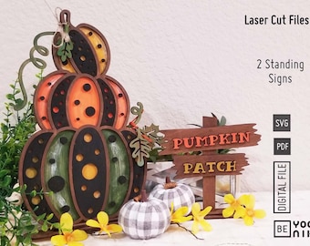 Stacking Pattern pumpkins standing signs files in SVG and PDF. Dot and plain version. Pumpkin Patch sign laser cut, Autumn sign digital