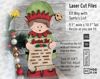 Stojący chłopiec elf z półką na listę grzecznościową Świętego Mikołaja, pliki wycinane laserowo w formatach SVG i PDF. Dziewczynka elf (SVG), świąteczny elf (SVG) wycinany laserowo
