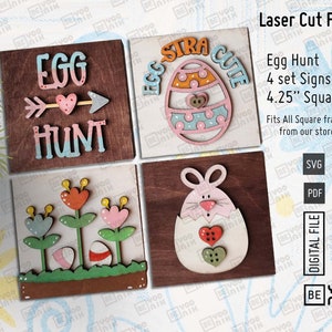 Egg Hunt, Bunny Egg-stra cute Square Inserts Set of 4 - Laser cut files in SVG and PDF. Tiered tray decor, Easter Bunny svg, Hidden Egg