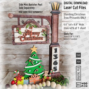 Staande kerstboom en cadeautjes Lasergesneden bestanden in SVG- en pdf-bestand voor gebruik met onze mini-zijpaal of als zodanig. Extra zijlantaarnpaal