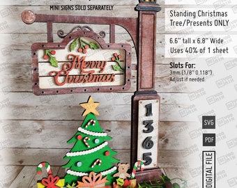Staande kerstboom en cadeautjes Lasergesneden bestanden in SVG- en pdf-bestand voor gebruik met onze mini-zijpaal of als zodanig. Extra zijlantaarnpaal