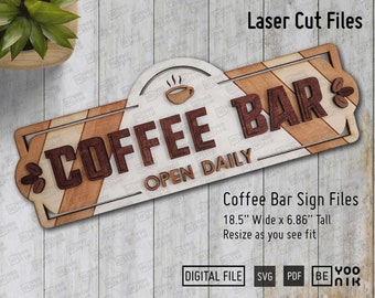 Coffee Bar Open Daily Sign Laser Cutting-bestanden in SVG en pdf, Glowforge-bestand, keukeninrichting svg, Shiplap Coffee Bar, Coffee Decor Laser
