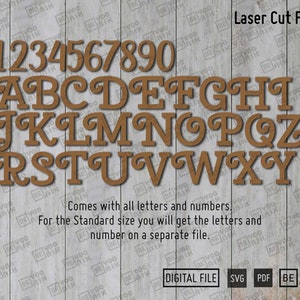 May include: Laser cut files for numbers and letters in a brown color. The letters have a decorative swirl design. The text on the image reads "Laser Cut Files", "Comes with all letters and numbers. For the Standard size you will get the letters and number on a separate file." and "DIGITAL FILE SVG PDF BE YOO NIK".