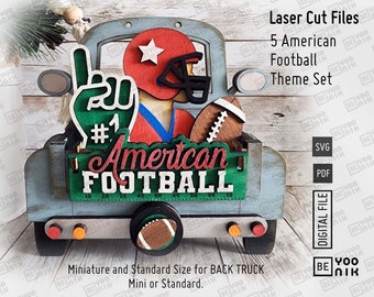 May include: Laser cut files for a 5 piece American football theme set. The set includes a truck with a football player, a football, a number one hand sign, and the words "American Football".