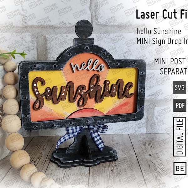 Add on Hello Sunshine Mini Sign in SVG and PDF for our Mini post Drop in frame. Interchangeable Post Summer Mini sign 5.5" x 3.25"