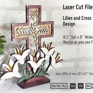 Lilies and Cross Tiered tray Decor laser cut files in SVG and PDF, Cross Tabletop Decor 8" Tall. Easter Decor SVG, Christian Tiered Tray Svg