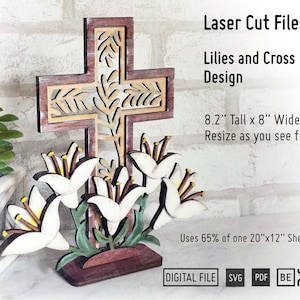 Lilies and Cross Tiered tray Decor laser cut files in SVG and PDF, Cross Tabletop Decor 8" Tall. Easter Decor SVG, Christian Tiered Tray Svg