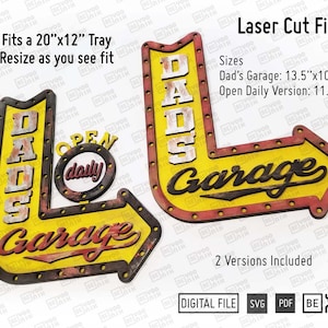 Dad's Garage Open Daily Sign レーザーカットファイル（SVG および PDF）、ホームドアハンガーレーザーカット Glowforge Dad's Garage Sign レーザーカットファイル