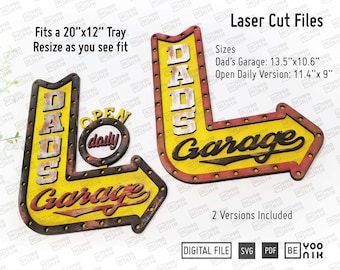 File tagliati al laser in formato SVG e PDF per il cartello "Dad's Garage Open Daily", file tagliati al laser per il gancio per porta di casa Glowforge, file tagliati al laser per il cartello "Dad's Garage"