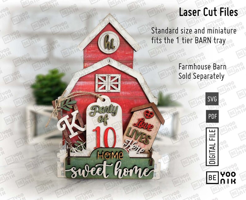 May include: Laser cut files for a red barn with a green sign that says "Home sweet home". The barn has a white window and a sign that says "Party of 10". There is a small red house with a heart and the words "Love Lives Here".