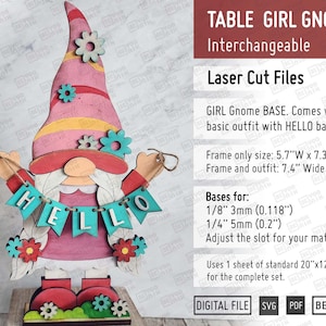Interchangeable Standing GIRL Gnome Base Frame with Banner Hello, Shelf Table Sitter Laser Cut files in SVG and PDF. Changeable Outfit Svg