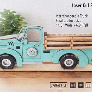Standing Vintage Side Truck interchangeable laser cut files in SVG and PDF files, Seasonal Interchangeable Truck glowforge Truck tiered tray
