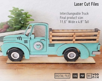 Standing Vintage Side Truck interchangeable laser cut files in SVG and PDF files, Seasonal Interchangeable Truck glowforge Truck tiered tray