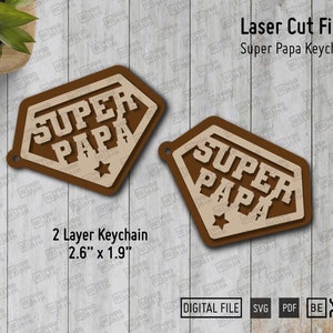 Arquivos de chaveiro Super Papa cortados a laser em SVG e PDF, chaveiro espanhol para o Dia dos Pais, Cricut, pronto para Glowforge, download digital, corte a laser para o pai