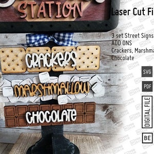 Add on Crackers, Marshmallow, Chocolate, 3 Street Mini Signs in SVG and PDF for our TALL Mini post, Interchangeable fall 5.5&quot; x 1.2&quot;