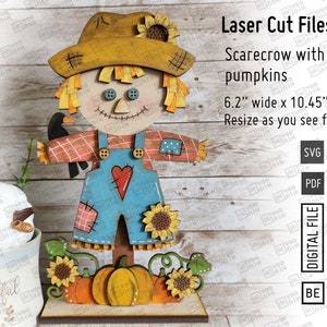 Standing Scarecrow with Pumpkins Shelf Table Sitter Laser Cut files in SVG and PDF. Fall Harvest svg, Scarecrow with sunflowers and crow