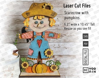 Stehende Vogelscheuche mit Kürbisse Regal Table Sitter Laser Cut-Dateien in SVG und PDF. Herbst Ernte svg, Vogelscheuche mit Sonnenblumen und Krähe