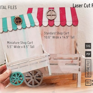 Store Cart Display shelf stand Laser Cut Ready Files in SVG and PDF. Standard Size and Mini Size. Tier Tray Stand Shelf cut files, Glowforge
