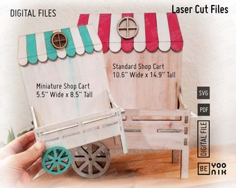 Store Cart Display shelf stand Laser Cut Ready Files in SVG and PDF. Standard Size and Mini Size. Tier Tray Stand Shelf cut files, Glowforge