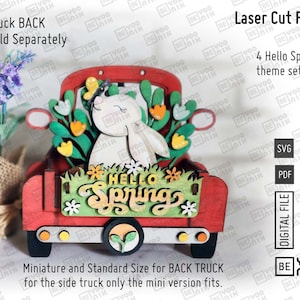 May include: Red toy truck with a white bunny and flowers in the back. The truck has the words "Hello Spring" on the back. The image is for a laser cut file.