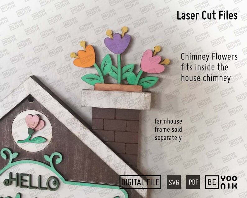 Puede incluir: Archivo de corte por l&aacute;ser para un letrero de granja de madera con el texto "HELLO" y una chimenea con flores. Las flores son moradas, naranjas y rosas. El letrero est&aacute; etiquetado como "DIGITAL FILE SVG PDF BE YOO NIK".