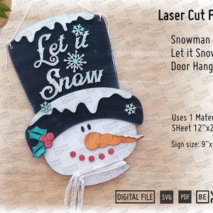 Snowman Let it Snow Tall Hat Door Hanger laser cut files in SVG and PDF, Snowman Hat SVG, Winter Door Hanger laser svg digital download