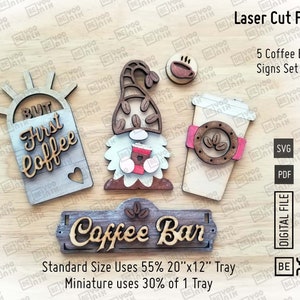 Pliki laserowe z tacką na kawę w formacie SVG i PDF, zestaw 5 znaków do naszej ciężarówki, domu lub wózka, Coffee truck svg, pliki do cięcia Coffee SVG
