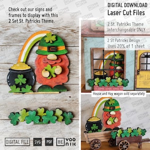Dodatek do motywu St. Patricks Interchangeable 2 set TYLKO pliki wycinane laserowo w SVG i PDF dla wozów z domem i sianem. Szczęśliwy krasnal tęczowy Gold