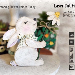Portafiori a forma di coniglietto primaverile, file tagliati al laser in formato SVG e PDF, file SVG di conigli, file laser Glowforge di conigli. Decorazioni pasquali da tavolo.