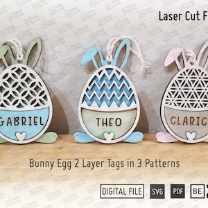 Easter Basket name tag in 3 Patterns laser cut files in SVG and PDF, 3.5" tall bunny name tag. Glowforge Easter, Happy Easter, Egg name tag