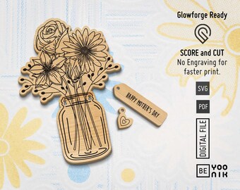 Flowers in a jar Triple SCORED for a thicker look. Heart and 6 hand drawn score line messages. Birthday gift svg, bouquet laser svg