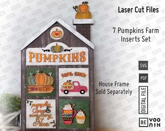 Calabazas frescas de granja, archivos de corte láser en SVG y PDF, juego de inserciones intercambiables, bandeja escalonada de calabazas, Glowforge, casa inclinada láser