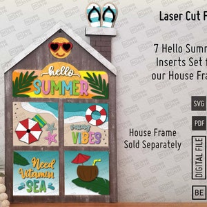 Hello Summer Beach Themed Interchangeable Inserts Set - Laser cut files in SVG and PDF. Summer Tiered Tray  Glowforge SVG, beach laser svg
