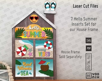 Hello Summer Beach Themed Interchangeable Inserts Set - Laser cut files in SVG and PDF. Summer Tiered Tray  Glowforge SVG, beach laser svg