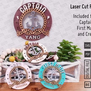 Father&#39;s Day, Dad Nautical Ornament SVG, PDF. First Mate and Crew Included. Glowforge files, Coastal Family Ornament laser cut files