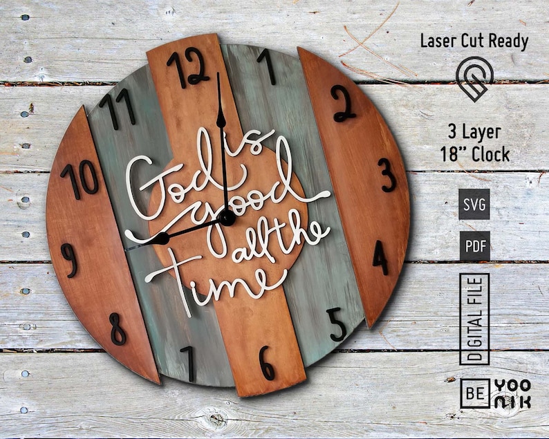 May include: A wooden clock with a distressed finish. The clock face is divided into 12 sections, each with a different color. The numbers are black and the hands are black. The clock face also has the text "God is good all the time" in white lettering. The clock is 18 inches in diameter and is made of three layers of wood.
