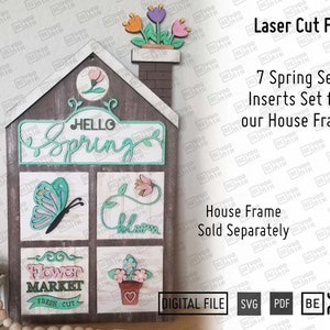 May include: Laser cut files for a spring-themed house frame. The frame is brown with white accents and features a butterfly, flowers, and the text "Hello Spring" and "Flower Market".
