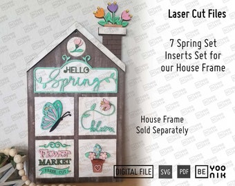 Hello Spring Interchangeable Inserts Set 1 - Laser cut files in SVG and PDF. Flower Inserts laser files Glowforge SVG Tier tray Decor