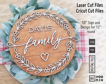 Family wreath sign in SVG and PDF, Add a Personalized family name, Family sign Glowforge files, Round sign, 10" sign, Christmas family sign